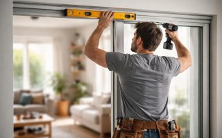 bricoleur-ajustant-porte-coulissante-pièce-moderne