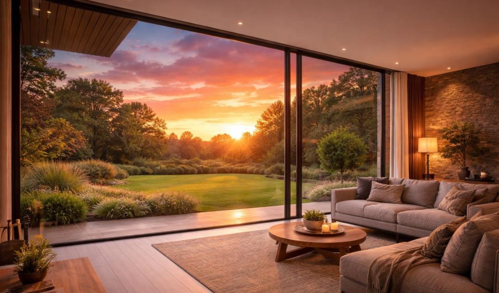 maison-moderne-baie-jardin-coucher-soleil