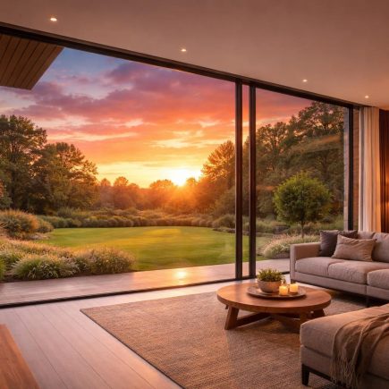 maison-moderne-baie-jardin-coucher-soleil