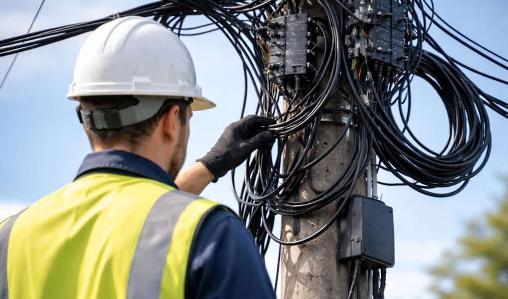 technicien-casque-cables-poteau-ciel-bleu