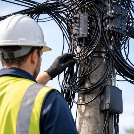 technicien-casque-cables-poteau-ciel-bleu
